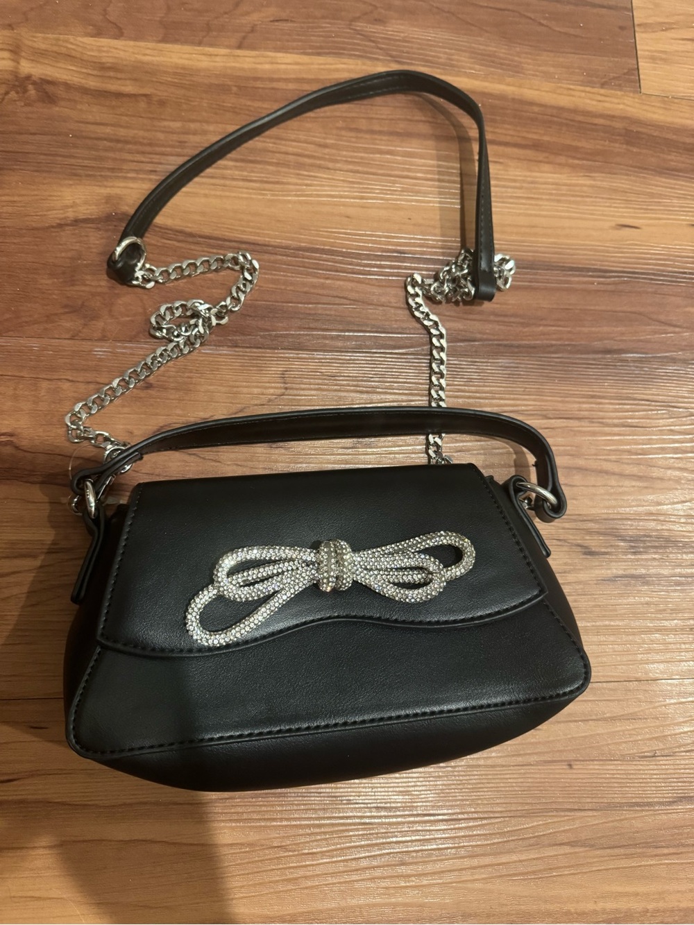 Elegant Black Shoulder Bag with Crystal Bow Accent